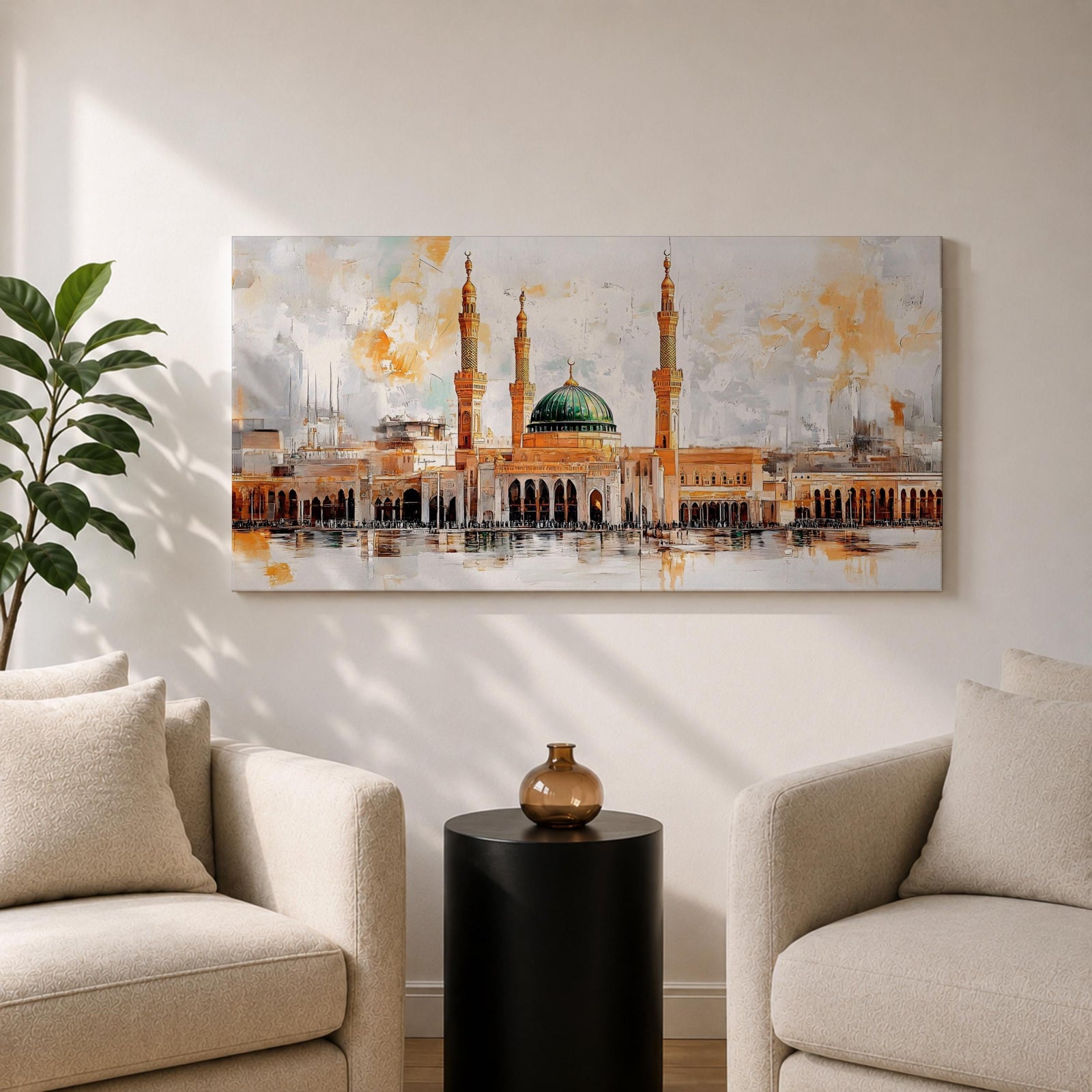 A panoramic painting of Masjid Al Nabawi featuring the iconic green dome and surrounding minarets, rendered in a textured impressionistic style with soft neutral tones and warm accents, capturing the architectural symmetry and reflective foreground across an expansive horizontal composition.