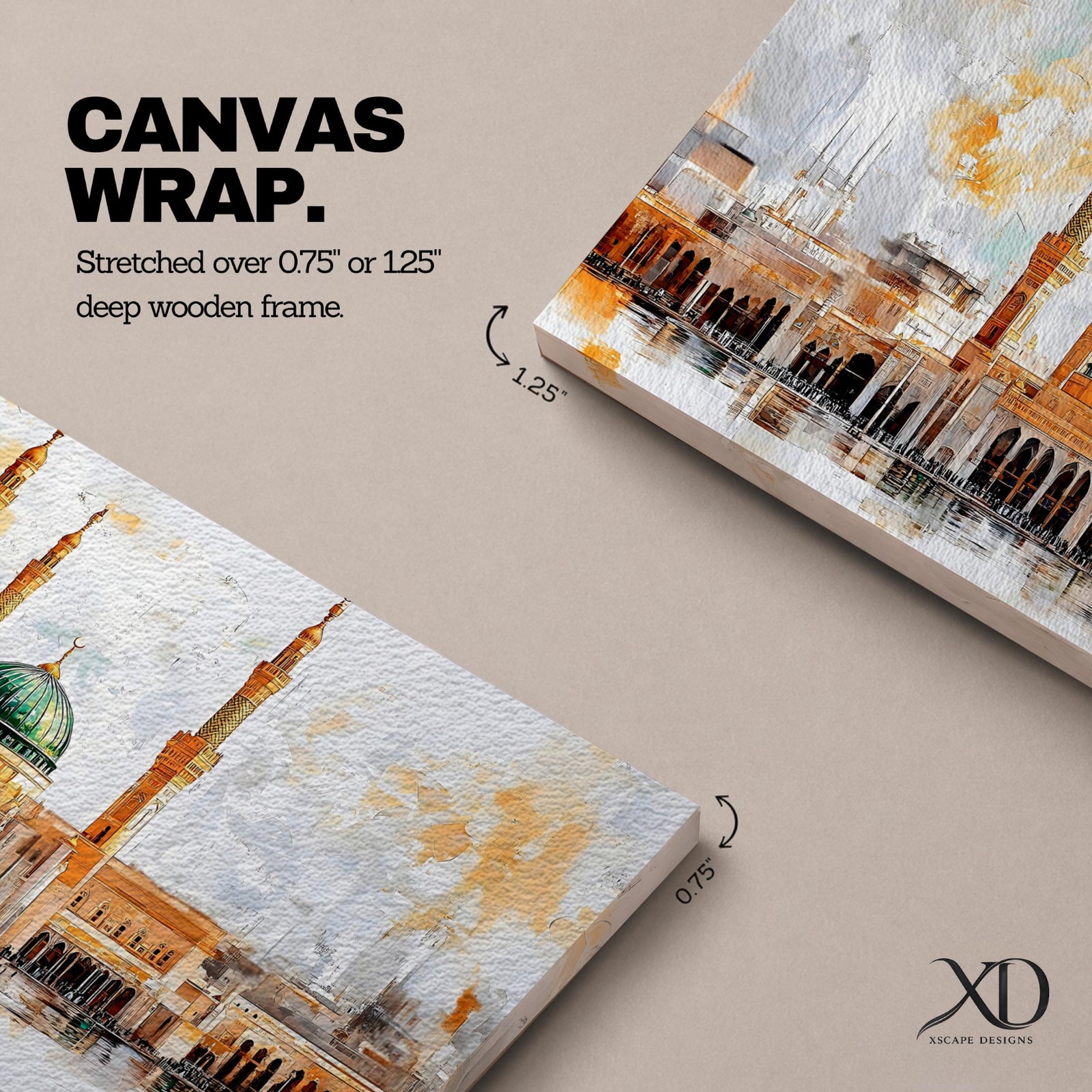 A panoramic painting of Masjid Al Nabawi featuring the iconic green dome and surrounding minarets, rendered in a textured impressionistic style with soft neutral tones and warm accents, capturing the architectural symmetry and reflective foreground across an expansive horizontal composition.