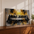 A dramatic panoramic interpretation of the Last Supper showing Jesus seated at the center with his apostles along a long table, rendered in a monochrome palette with striking gold accents and a radiant glowing aura behind Christ, creating a powerful and modern spiritual composition.
