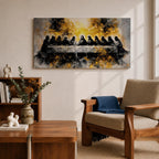 A dramatic panoramic interpretation of the Last Supper showing Jesus seated at the center with his apostles along a long table, rendered in a monochrome palette with striking gold accents and a radiant glowing aura behind Christ, creating a powerful and modern spiritual composition.