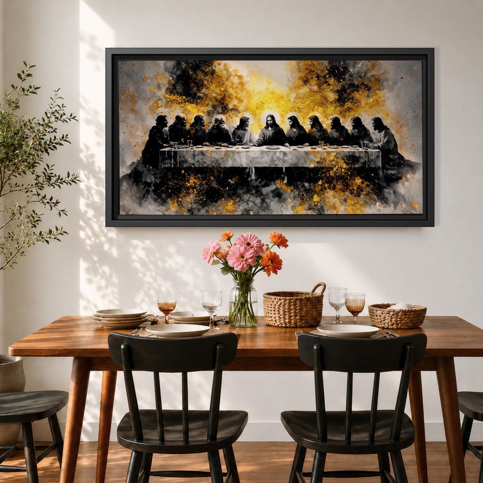 A dramatic panoramic interpretation of the Last Supper showing Jesus seated at the center with his apostles along a long table, rendered in a monochrome palette with striking gold accents and a radiant glowing aura behind Christ, creating a powerful and modern spiritual composition.