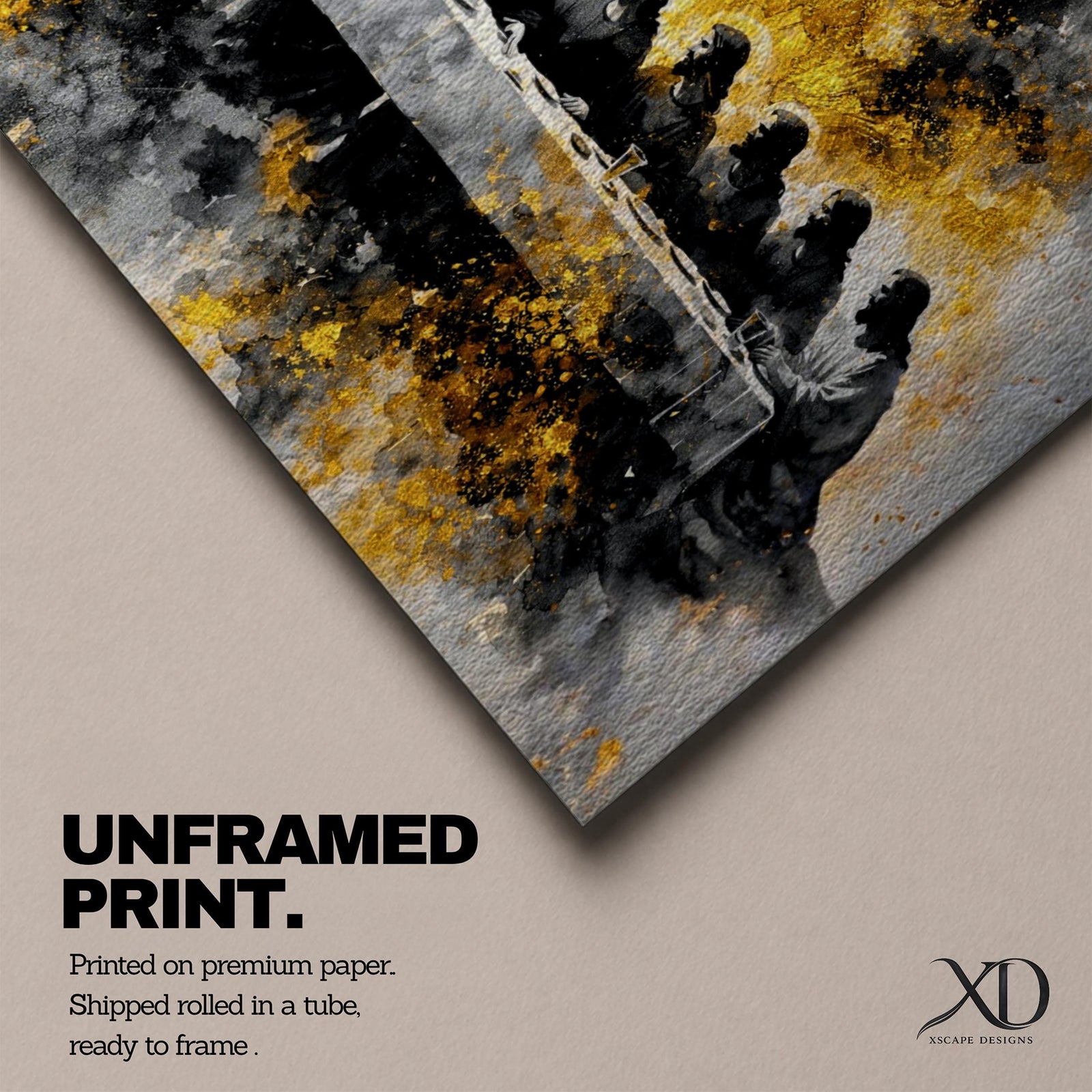A dramatic panoramic interpretation of the Last Supper showing Jesus seated at the center with his apostles along a long table, rendered in a monochrome palette with striking gold accents and a radiant glowing aura behind Christ, creating a powerful and modern spiritual composition.