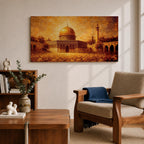 A panoramic abstract textured painting of the Dome of the Rock in Jerusalem featuring its radiant golden dome centered amid detailed stone architecture and a tall minaret, rendered with thick layered brushstrokes, warm earthy tones, and glowing light that creates depth, movement, and an expressive interpretation of historic Islamic architecture.