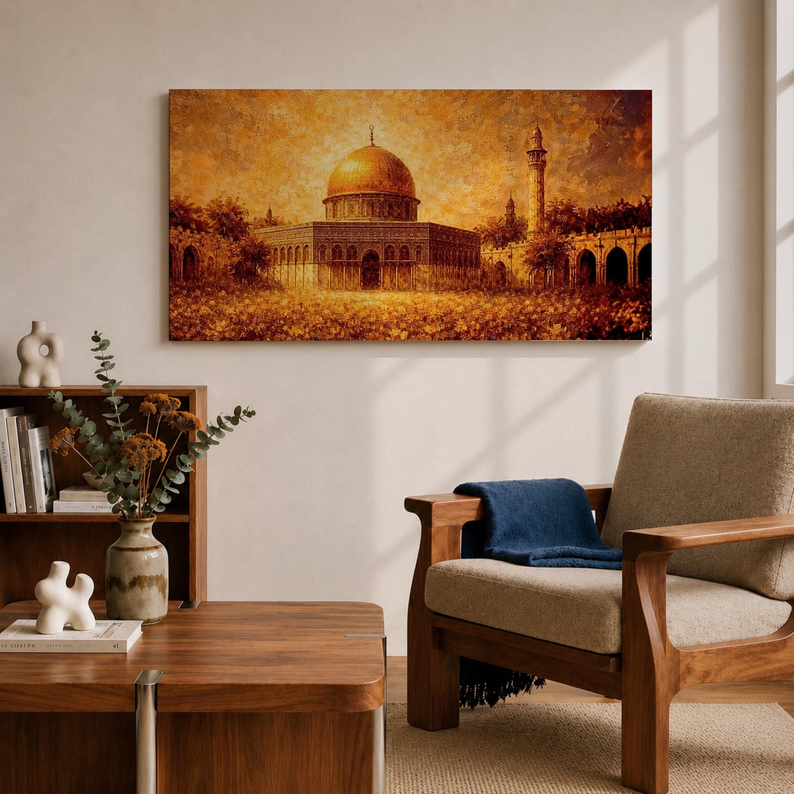 A panoramic abstract textured painting of the Dome of the Rock in Jerusalem featuring its radiant golden dome centered amid detailed stone architecture and a tall minaret, rendered with thick layered brushstrokes, warm earthy tones, and glowing light that creates depth, movement, and an expressive interpretation of historic Islamic architecture.