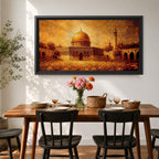 A panoramic abstract textured painting of the Dome of the Rock in Jerusalem featuring its radiant golden dome centered amid detailed stone architecture and a tall minaret, rendered with thick layered brushstrokes, warm earthy tones, and glowing light that creates depth, movement, and an expressive interpretation of historic Islamic architecture.