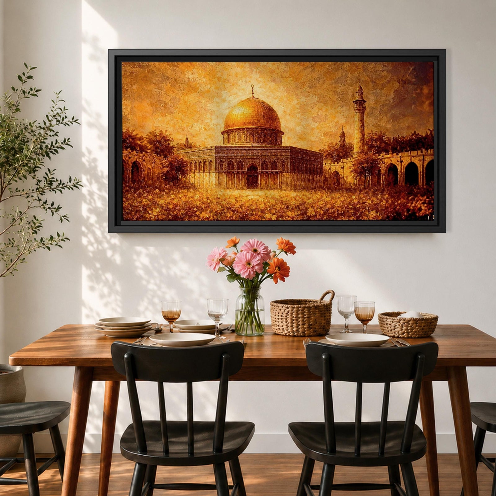 A panoramic abstract textured painting of the Dome of the Rock in Jerusalem featuring its radiant golden dome centered amid detailed stone architecture and a tall minaret, rendered with thick layered brushstrokes, warm earthy tones, and glowing light that creates depth, movement, and an expressive interpretation of historic Islamic architecture.