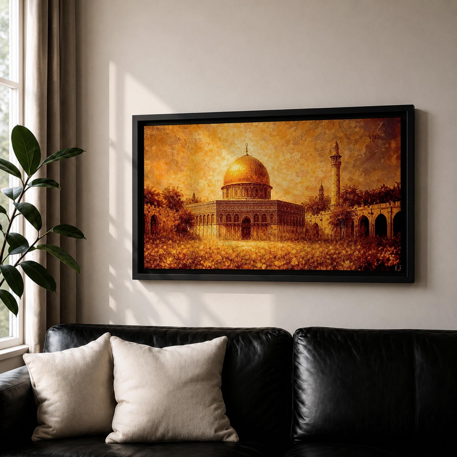 A panoramic abstract textured painting of the Dome of the Rock in Jerusalem featuring its radiant golden dome centered amid detailed stone architecture and a tall minaret, rendered with thick layered brushstrokes, warm earthy tones, and glowing light that creates depth, movement, and an expressive interpretation of historic Islamic architecture.