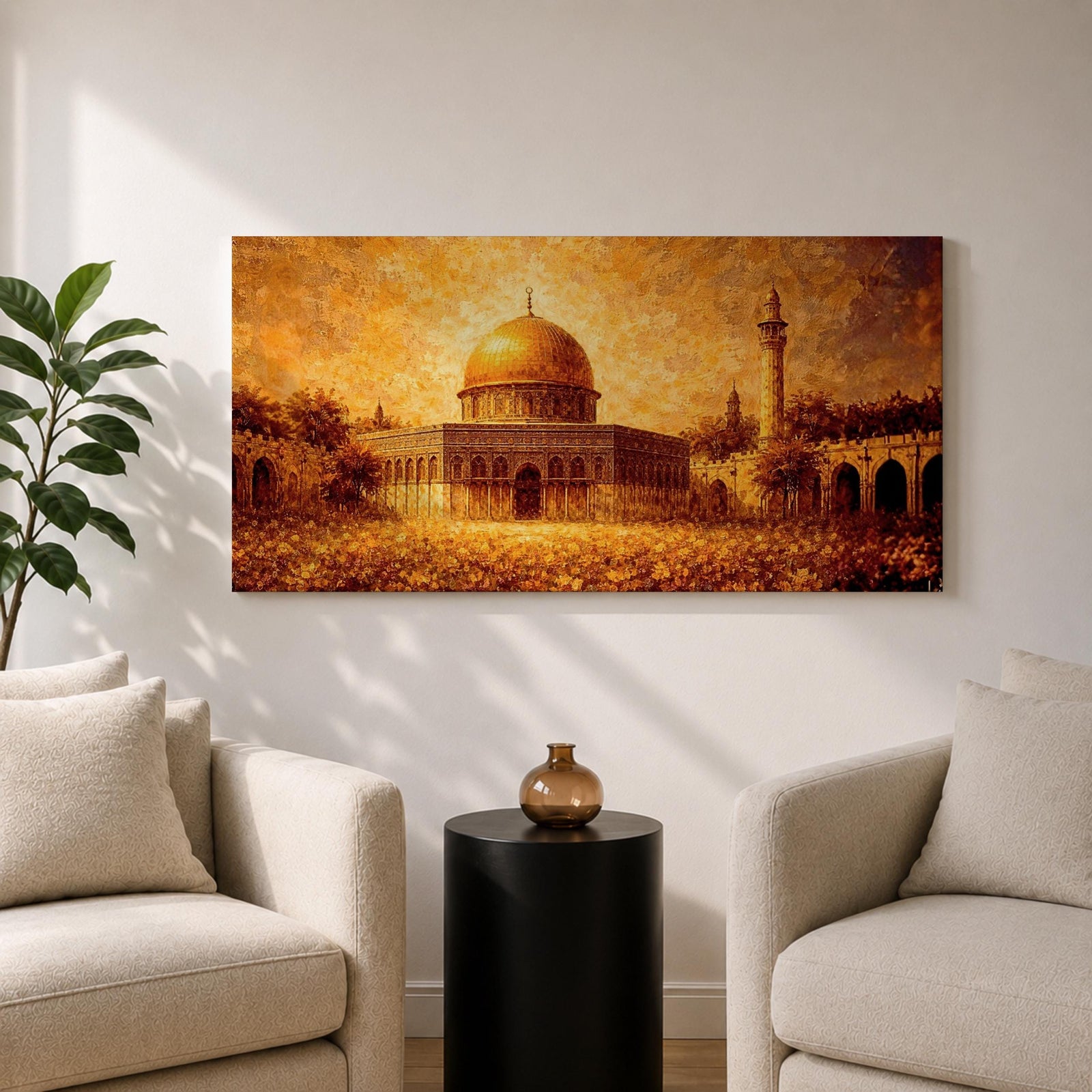 A panoramic abstract textured painting of the Dome of the Rock in Jerusalem featuring its radiant golden dome centered amid detailed stone architecture and a tall minaret, rendered with thick layered brushstrokes, warm earthy tones, and glowing light that creates depth, movement, and an expressive interpretation of historic Islamic architecture.