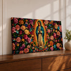 A panoramic painting of the Virgin Mary of Guadalupe centered in prayer with a radiant golden aura, surrounded by dense vibrant floral patterns of roses and blossoms, rendered in bold colors and detailed decorative style that emphasizes symmetry, contrast, and a richly ornamented religious composition.