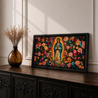 A panoramic painting of the Virgin Mary of Guadalupe centered in prayer with a radiant golden aura, surrounded by dense vibrant floral patterns of roses and blossoms, rendered in bold colors and detailed decorative style that emphasizes symmetry, contrast, and a richly ornamented religious composition.