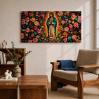 A panoramic painting of the Virgin Mary of Guadalupe centered in prayer with a radiant golden aura, surrounded by dense vibrant floral patterns of roses and blossoms, rendered in bold colors and detailed decorative style that emphasizes symmetry, contrast, and a richly ornamented religious composition.