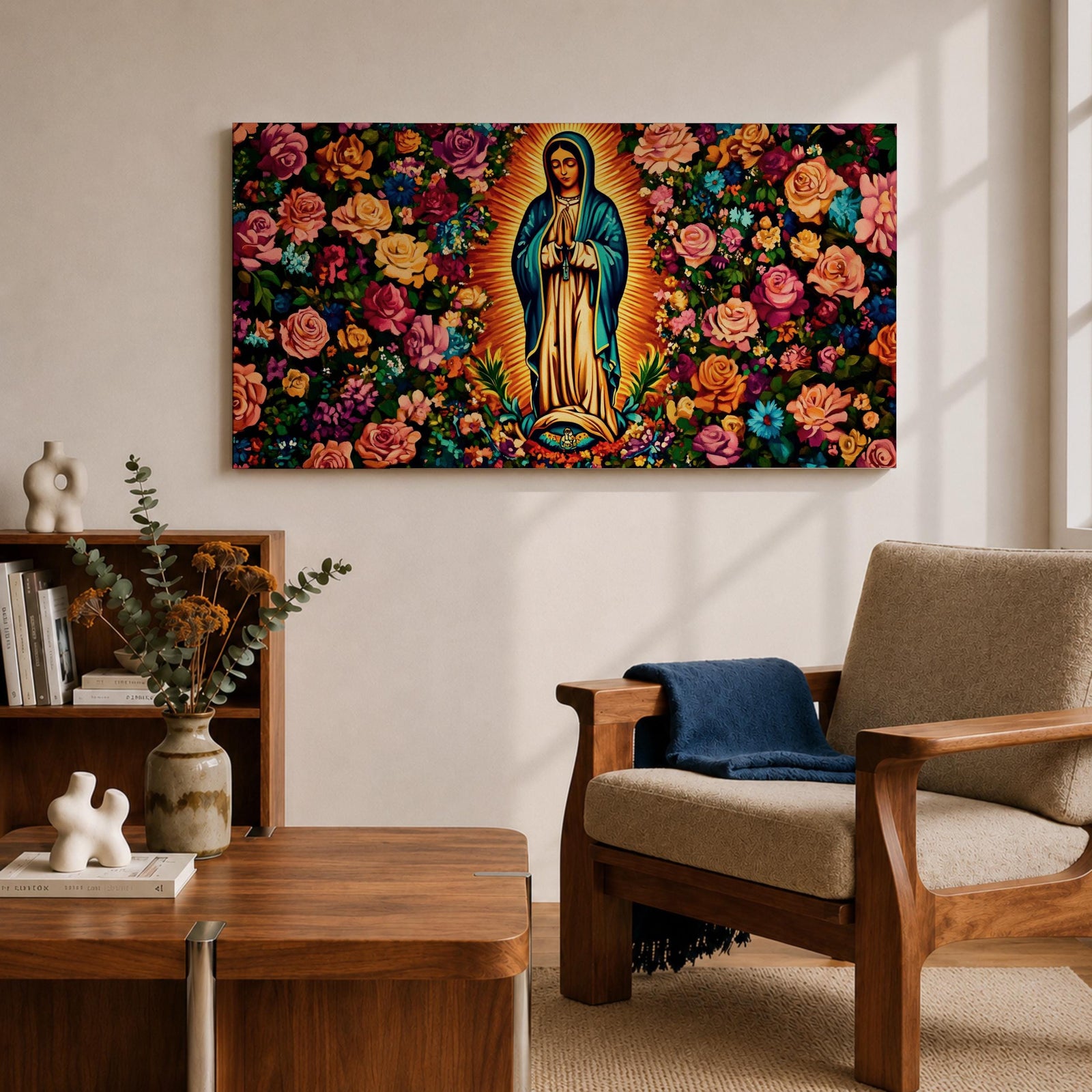 A panoramic painting of the Virgin Mary of Guadalupe centered in prayer with a radiant golden aura, surrounded by dense vibrant floral patterns of roses and blossoms, rendered in bold colors and detailed decorative style that emphasizes symmetry, contrast, and a richly ornamented religious composition.