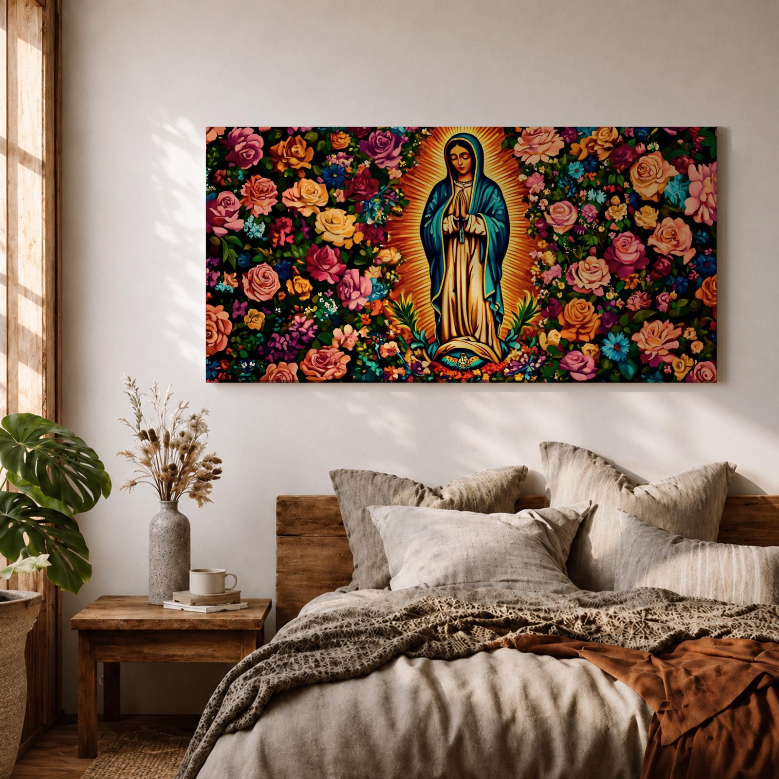 A panoramic painting of the Virgin Mary of Guadalupe centered in prayer with a radiant golden aura, surrounded by dense vibrant floral patterns of roses and blossoms, rendered in bold colors and detailed decorative style that emphasizes symmetry, contrast, and a richly ornamented religious composition.