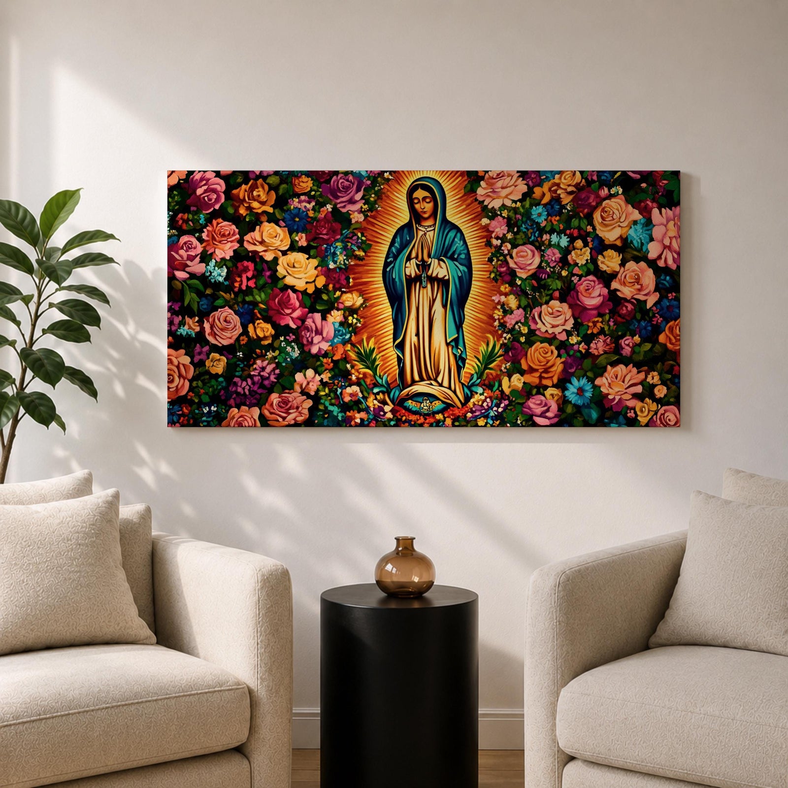 A panoramic painting of the Virgin Mary of Guadalupe centered in prayer with a radiant golden aura, surrounded by dense vibrant floral patterns of roses and blossoms, rendered in bold colors and detailed decorative style that emphasizes symmetry, contrast, and a richly ornamented religious composition.