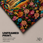A panoramic painting of the Virgin Mary of Guadalupe centered in prayer with a radiant golden aura, surrounded by dense vibrant floral patterns of roses and blossoms, rendered in bold colors and detailed decorative style that emphasizes symmetry, contrast, and a richly ornamented religious composition.