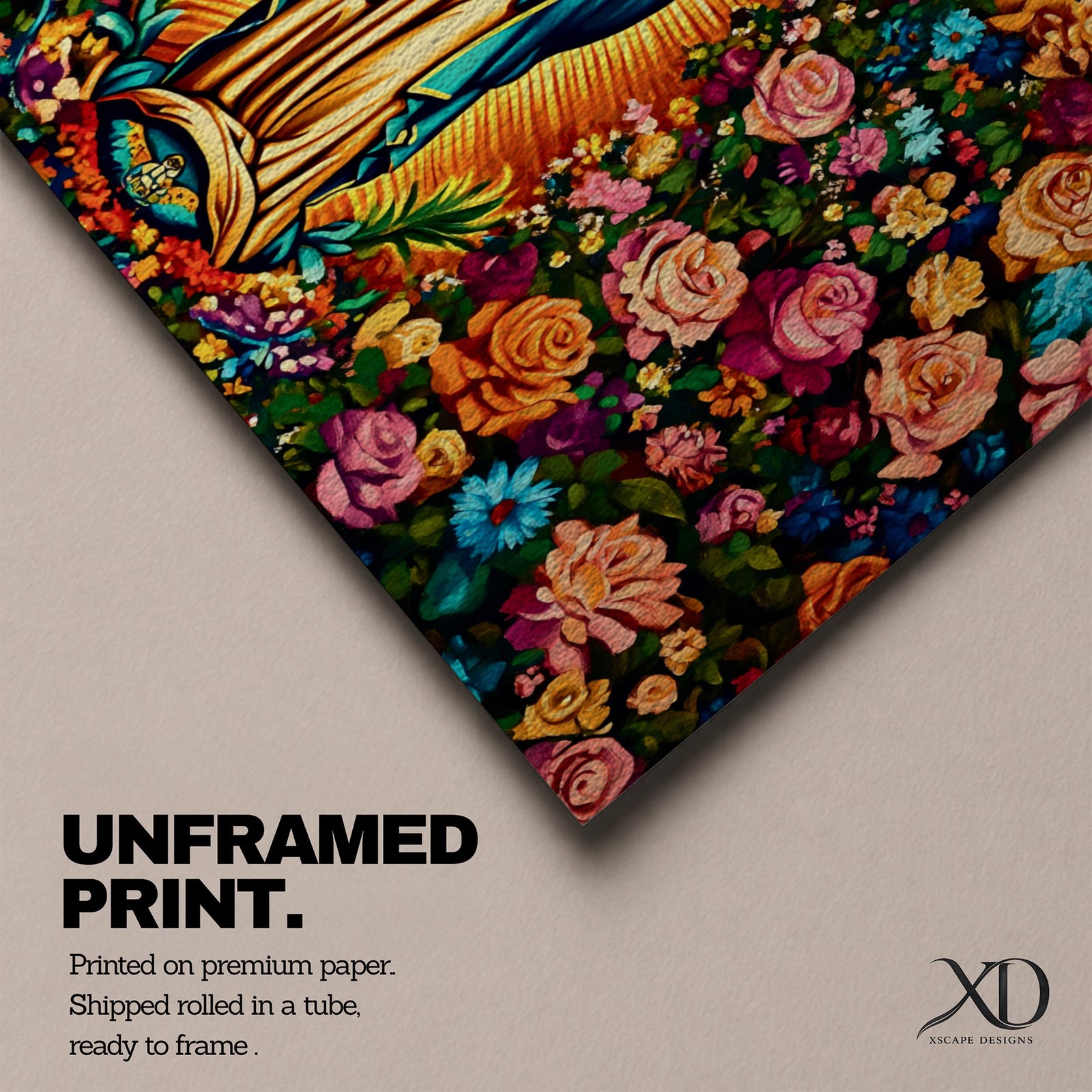 A panoramic painting of the Virgin Mary of Guadalupe centered in prayer with a radiant golden aura, surrounded by dense vibrant floral patterns of roses and blossoms, rendered in bold colors and detailed decorative style that emphasizes symmetry, contrast, and a richly ornamented religious composition.