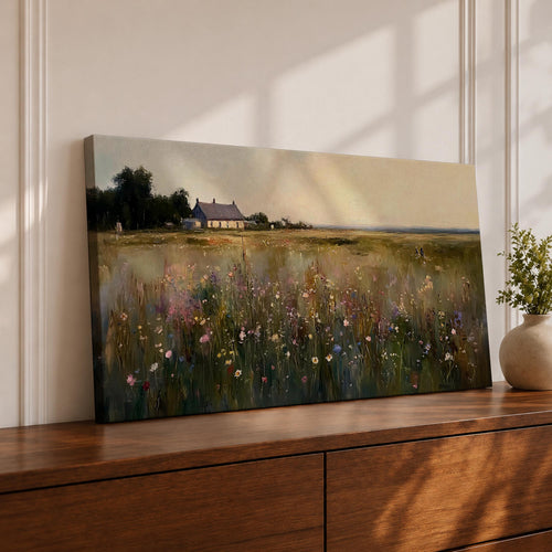 A panoramic painting of a countryside meadow filled with delicate wildflowers, leading toward a small cottage near a reflective pond, rendered in a soft impressionistic style with textured brushstrokes, muted earthy tones, and gentle light creating depth across a wide landscape composition.