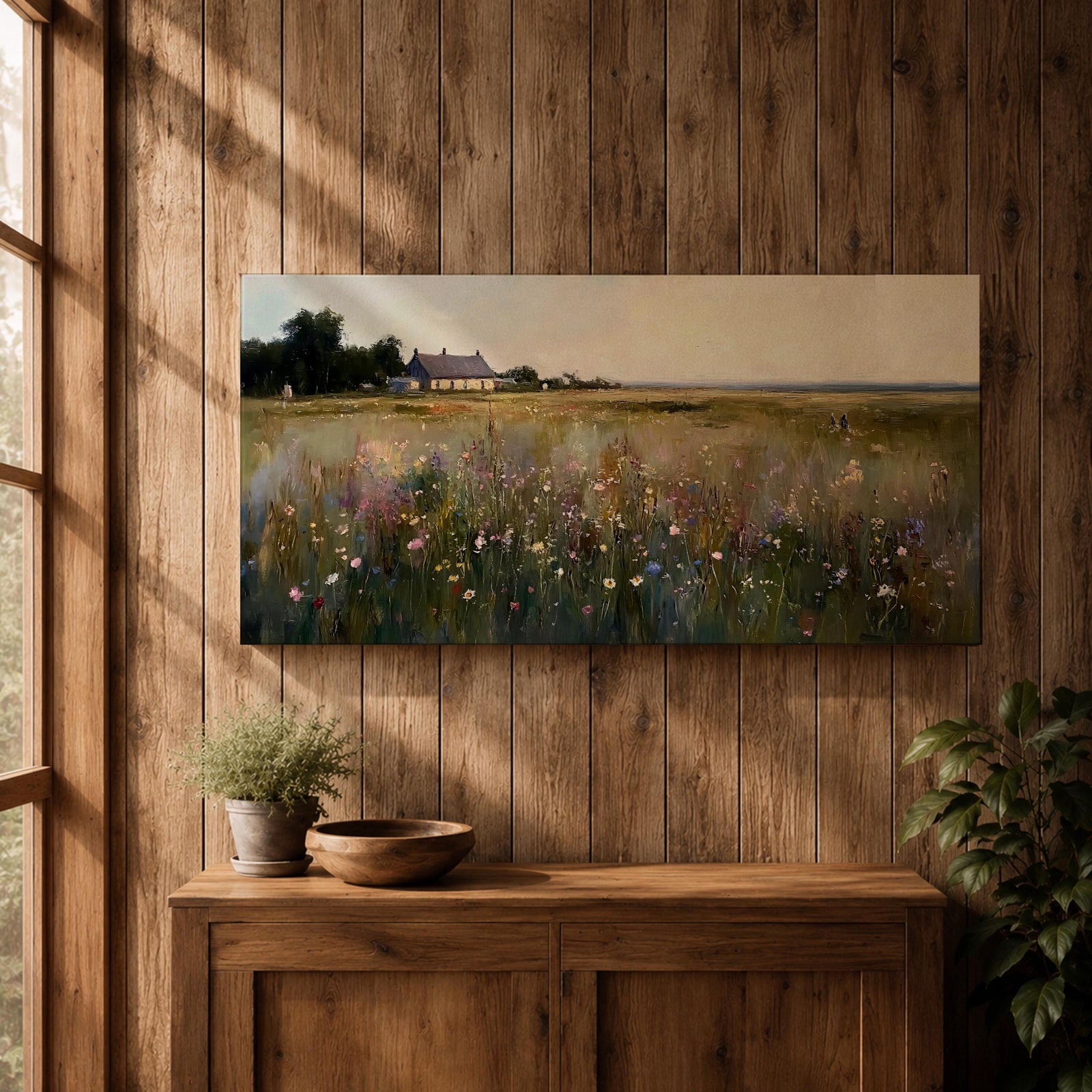 A panoramic painting of a countryside meadow filled with delicate wildflowers, leading toward a small cottage near a reflective pond, rendered in a soft impressionistic style with textured brushstrokes, muted earthy tones, and gentle light creating depth across a wide landscape composition.