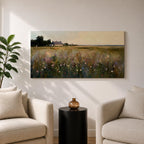 A panoramic painting of a countryside meadow filled with delicate wildflowers, leading toward a small cottage near a reflective pond, rendered in a soft impressionistic style with textured brushstrokes, muted earthy tones, and gentle light creating depth across a wide landscape composition.