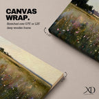 A panoramic painting of a countryside meadow filled with delicate wildflowers, leading toward a small cottage near a reflective pond, rendered in a soft impressionistic style with textured brushstrokes, muted earthy tones, and gentle light creating depth across a wide landscape composition.