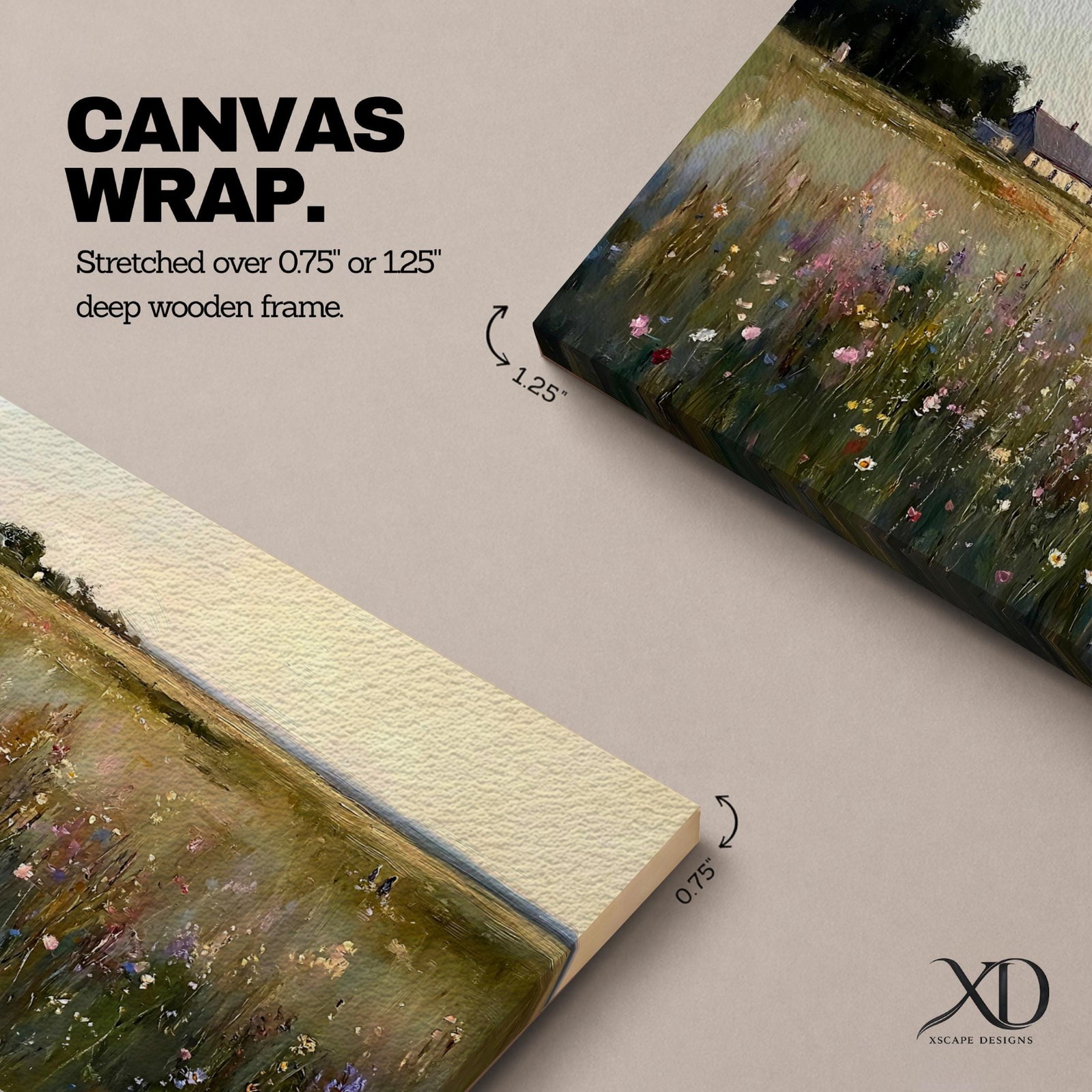 A panoramic painting of a countryside meadow filled with delicate wildflowers, leading toward a small cottage near a reflective pond, rendered in a soft impressionistic style with textured brushstrokes, muted earthy tones, and gentle light creating depth across a wide landscape composition.