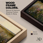 A panoramic painting of a countryside meadow filled with delicate wildflowers, leading toward a small cottage near a reflective pond, rendered in a soft impressionistic style with textured brushstrokes, muted earthy tones, and gentle light creating depth across a wide landscape composition.