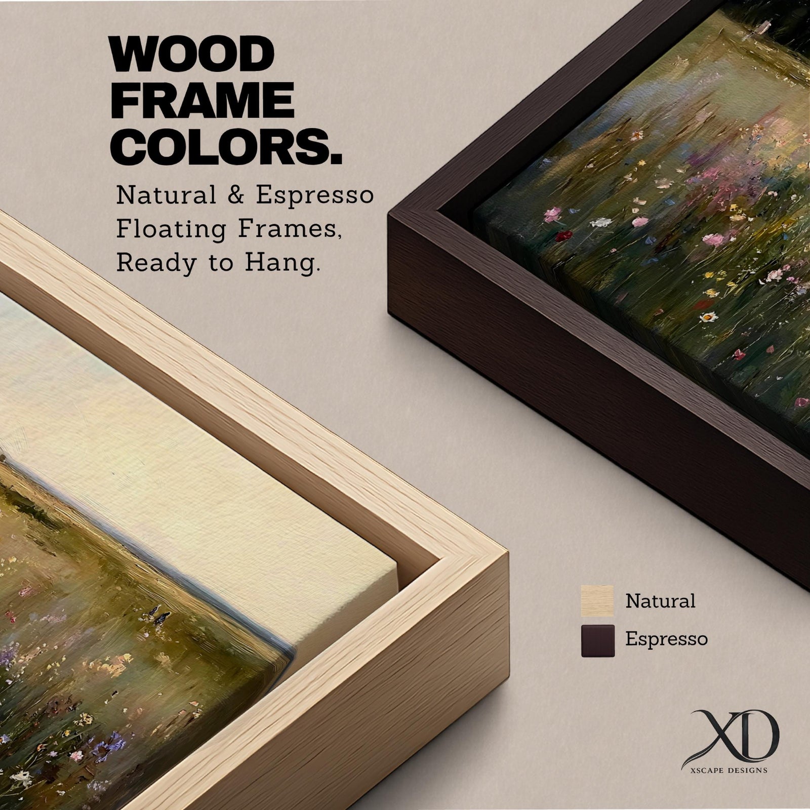 A panoramic painting of a countryside meadow filled with delicate wildflowers, leading toward a small cottage near a reflective pond, rendered in a soft impressionistic style with textured brushstrokes, muted earthy tones, and gentle light creating depth across a wide landscape composition.
