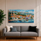 A panoramic painting of a Mediterranean coastal village with terracotta rooftops, colorful homes, and a calm harbor with a sailboat, set against mountains and a bright blue sky, rendered in a textured impressionistic style with vibrant colors.