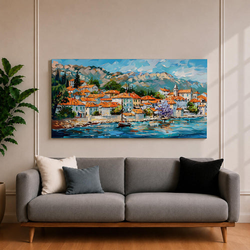 A panoramic painting of a Mediterranean coastal village with terracotta rooftops, colorful homes, and a calm harbor with a sailboat, set against mountains and a bright blue sky, rendered in a textured impressionistic style with vibrant colors.