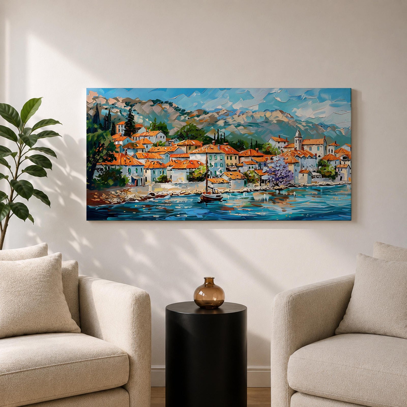 A panoramic painting of a Mediterranean coastal village with terracotta rooftops, colorful homes, and a calm harbor with a sailboat, set against mountains and a bright blue sky, rendered in a textured impressionistic style with vibrant colors.