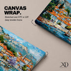 A panoramic painting of a Mediterranean coastal village with terracotta rooftops, colorful homes, and a calm harbor with a sailboat, set against mountains and a bright blue sky, rendered in a textured impressionistic style with vibrant colors.