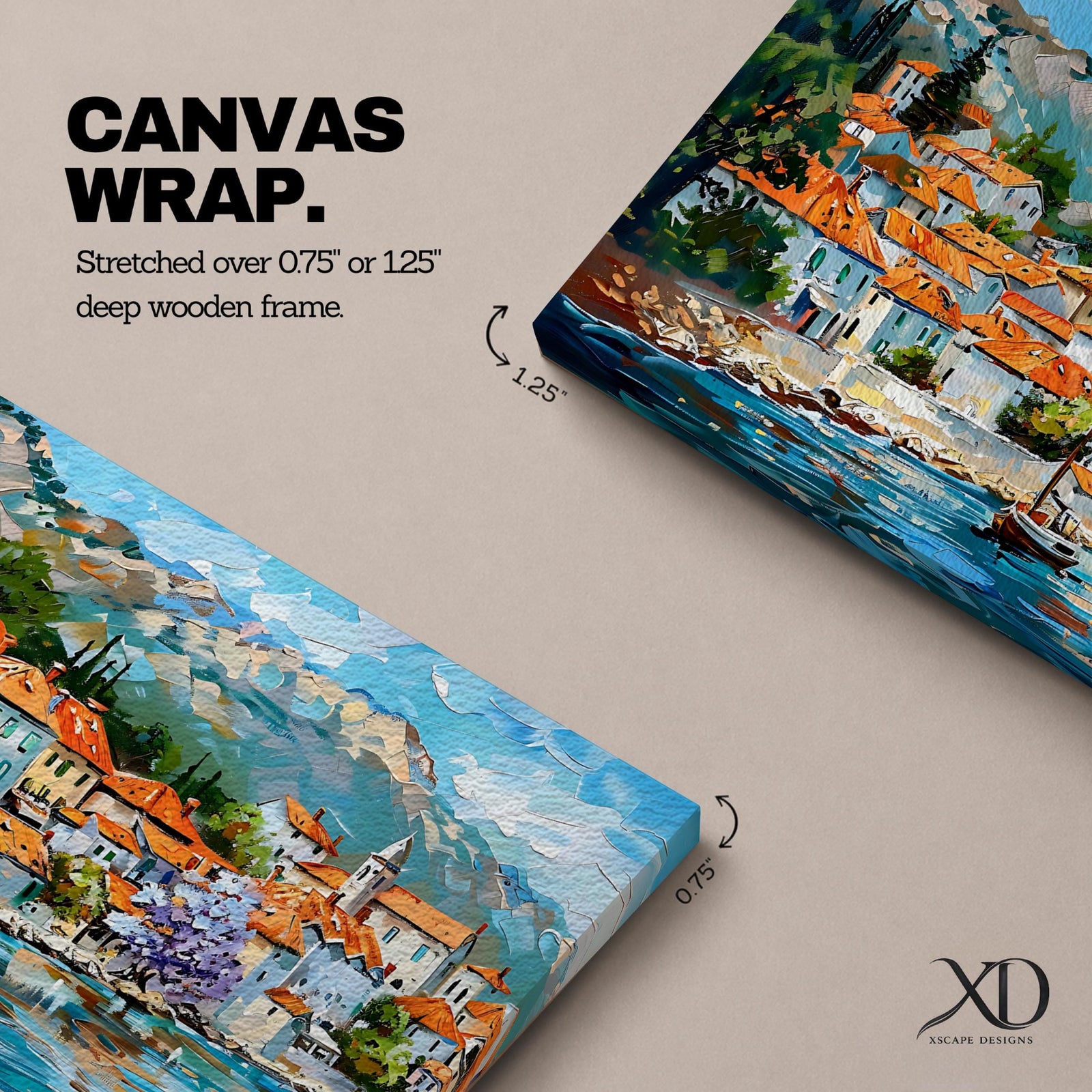 A panoramic painting of a Mediterranean coastal village with terracotta rooftops, colorful homes, and a calm harbor with a sailboat, set against mountains and a bright blue sky, rendered in a textured impressionistic style with vibrant colors.