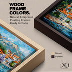 A panoramic painting of a Mediterranean coastal village with terracotta rooftops, colorful homes, and a calm harbor with a sailboat, set against mountains and a bright blue sky, rendered in a textured impressionistic style with vibrant colors.