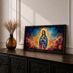 A panoramic devotional painting of Mary of Guadalupe standing in prayer with hands clasped, draped in a blue mantle with delicate star patterns and surrounded by a radiant golden aura, set against a richly textured background of deep blues, warm tones, and blooming roses that create a luminous and reverent composition.