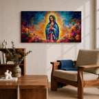 A panoramic devotional painting of Mary of Guadalupe standing in prayer with hands clasped, draped in a blue mantle with delicate star patterns and surrounded by a radiant golden aura, set against a richly textured background of deep blues, warm tones, and blooming roses that create a luminous and reverent composition.