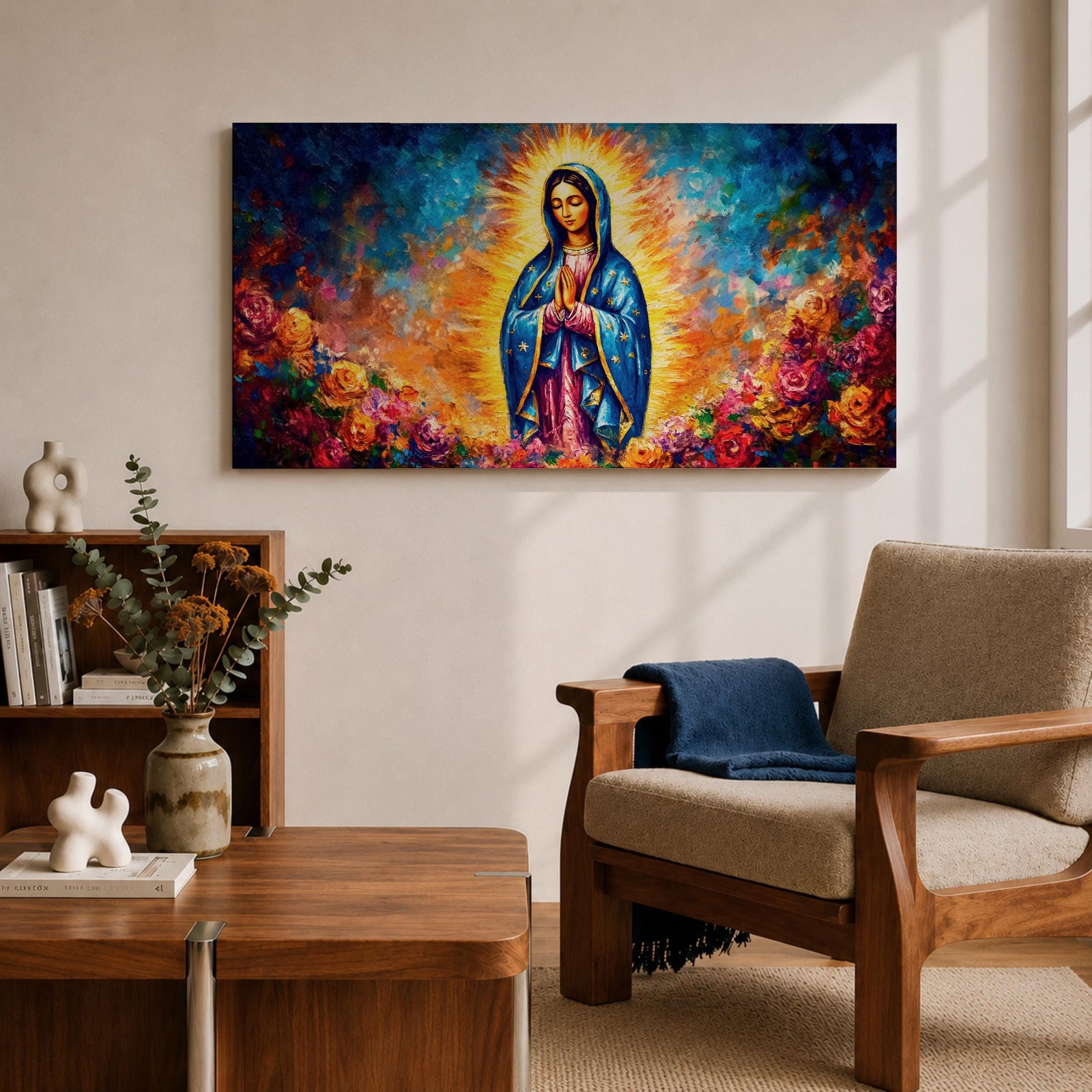 A panoramic devotional painting of Mary of Guadalupe standing in prayer with hands clasped, draped in a blue mantle with delicate star patterns and surrounded by a radiant golden aura, set against a richly textured background of deep blues, warm tones, and blooming roses that create a luminous and reverent composition.