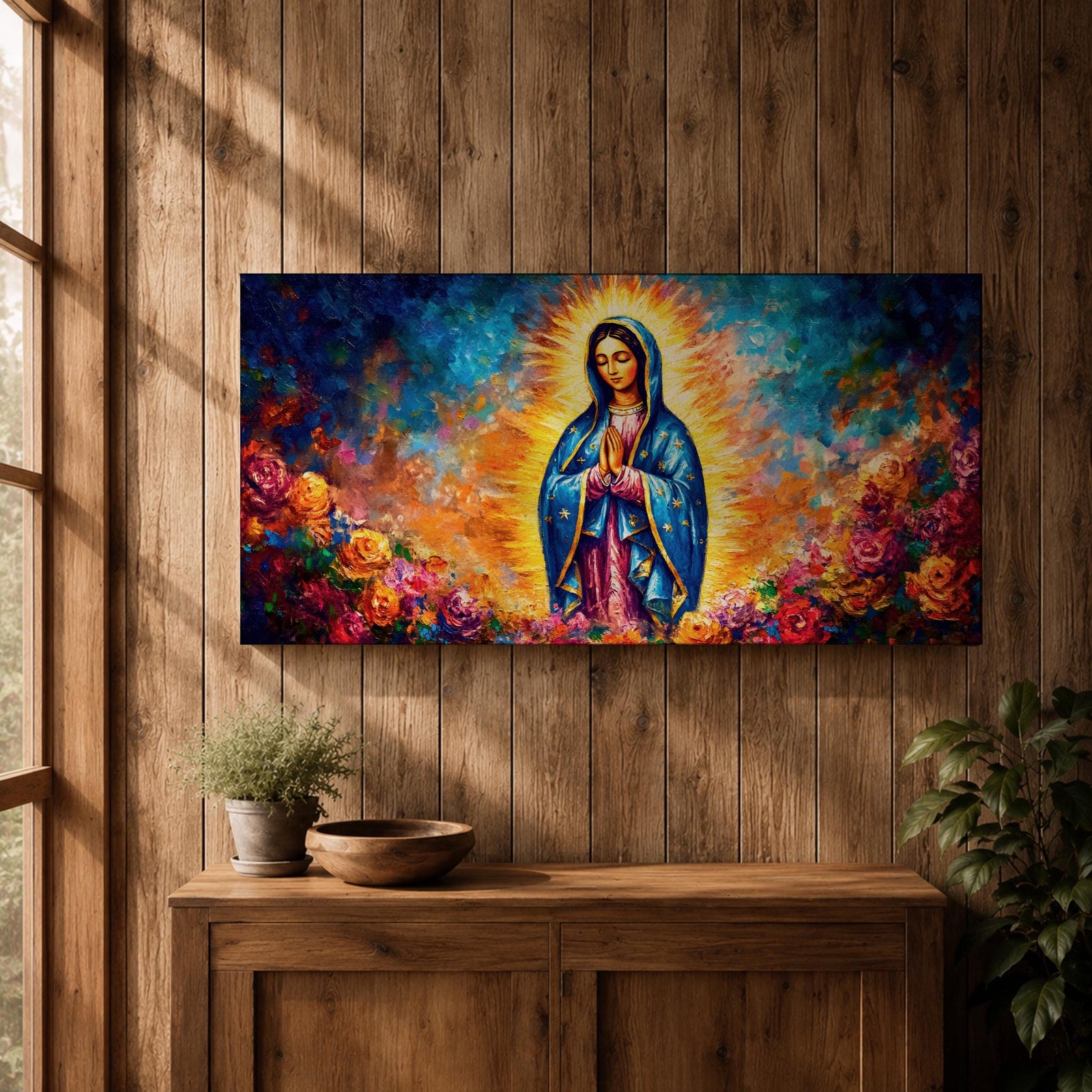 A panoramic devotional painting of Mary of Guadalupe standing in prayer with hands clasped, draped in a blue mantle with delicate star patterns and surrounded by a radiant golden aura, set against a richly textured background of deep blues, warm tones, and blooming roses that create a luminous and reverent composition.