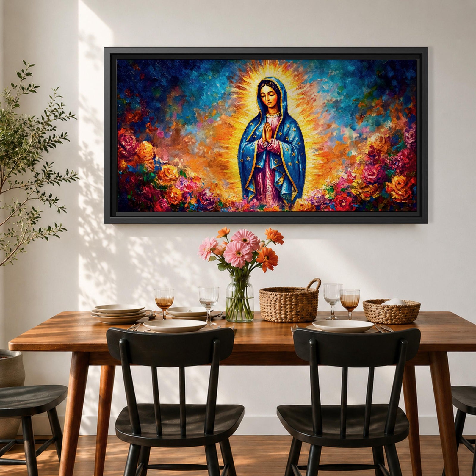 A panoramic devotional painting of Mary of Guadalupe standing in prayer with hands clasped, draped in a blue mantle with delicate star patterns and surrounded by a radiant golden aura, set against a richly textured background of deep blues, warm tones, and blooming roses that create a luminous and reverent composition.