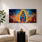 A panoramic devotional painting of Mary of Guadalupe standing in prayer with hands clasped, draped in a blue mantle with delicate star patterns and surrounded by a radiant golden aura, set against a richly textured background of deep blues, warm tones, and blooming roses that create a luminous and reverent composition.