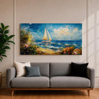 A panoramic impressionist style painting of a sailboat gliding across a sunlit ocean, with textured brushstrokes capturing rolling blue waves, a bright sky with scattered clouds, and a vibrant coastal shoreline filled with blooming flowers and greenery, creating a dynamic seaside composition full of movement and light.