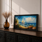 A panoramic impressionist style painting of a sailboat gliding across a sunlit ocean, with textured brushstrokes capturing rolling blue waves, a bright sky with scattered clouds, and a vibrant coastal shoreline filled with blooming flowers and greenery, creating a dynamic seaside composition full of movement and light.