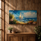 A panoramic impressionist style painting of a sailboat gliding across a sunlit ocean, with textured brushstrokes capturing rolling blue waves, a bright sky with scattered clouds, and a vibrant coastal shoreline filled with blooming flowers and greenery, creating a dynamic seaside composition full of movement and light.