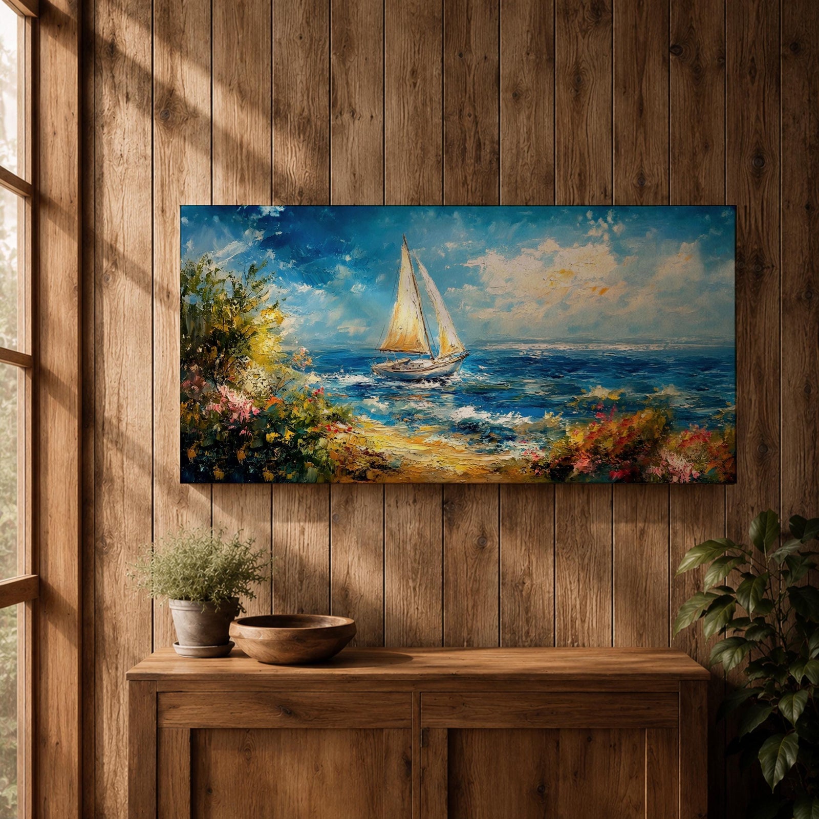 A panoramic impressionist style painting of a sailboat gliding across a sunlit ocean, with textured brushstrokes capturing rolling blue waves, a bright sky with scattered clouds, and a vibrant coastal shoreline filled with blooming flowers and greenery, creating a dynamic seaside composition full of movement and light.