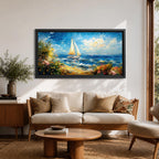 A panoramic impressionist style painting of a sailboat gliding across a sunlit ocean, with textured brushstrokes capturing rolling blue waves, a bright sky with scattered clouds, and a vibrant coastal shoreline filled with blooming flowers and greenery, creating a dynamic seaside composition full of movement and light.