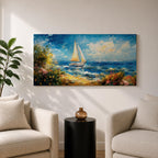 A panoramic impressionist style painting of a sailboat gliding across a sunlit ocean, with textured brushstrokes capturing rolling blue waves, a bright sky with scattered clouds, and a vibrant coastal shoreline filled with blooming flowers and greenery, creating a dynamic seaside composition full of movement and light.