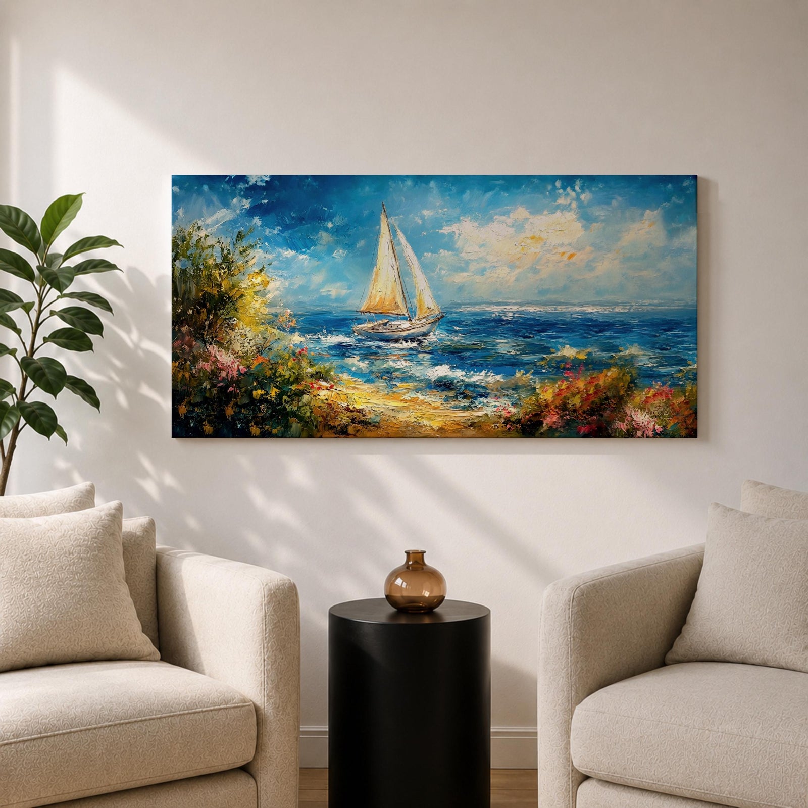 A panoramic impressionist style painting of a sailboat gliding across a sunlit ocean, with textured brushstrokes capturing rolling blue waves, a bright sky with scattered clouds, and a vibrant coastal shoreline filled with blooming flowers and greenery, creating a dynamic seaside composition full of movement and light.