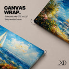 A panoramic impressionist style painting of a sailboat gliding across a sunlit ocean, with textured brushstrokes capturing rolling blue waves, a bright sky with scattered clouds, and a vibrant coastal shoreline filled with blooming flowers and greenery, creating a dynamic seaside composition full of movement and light.