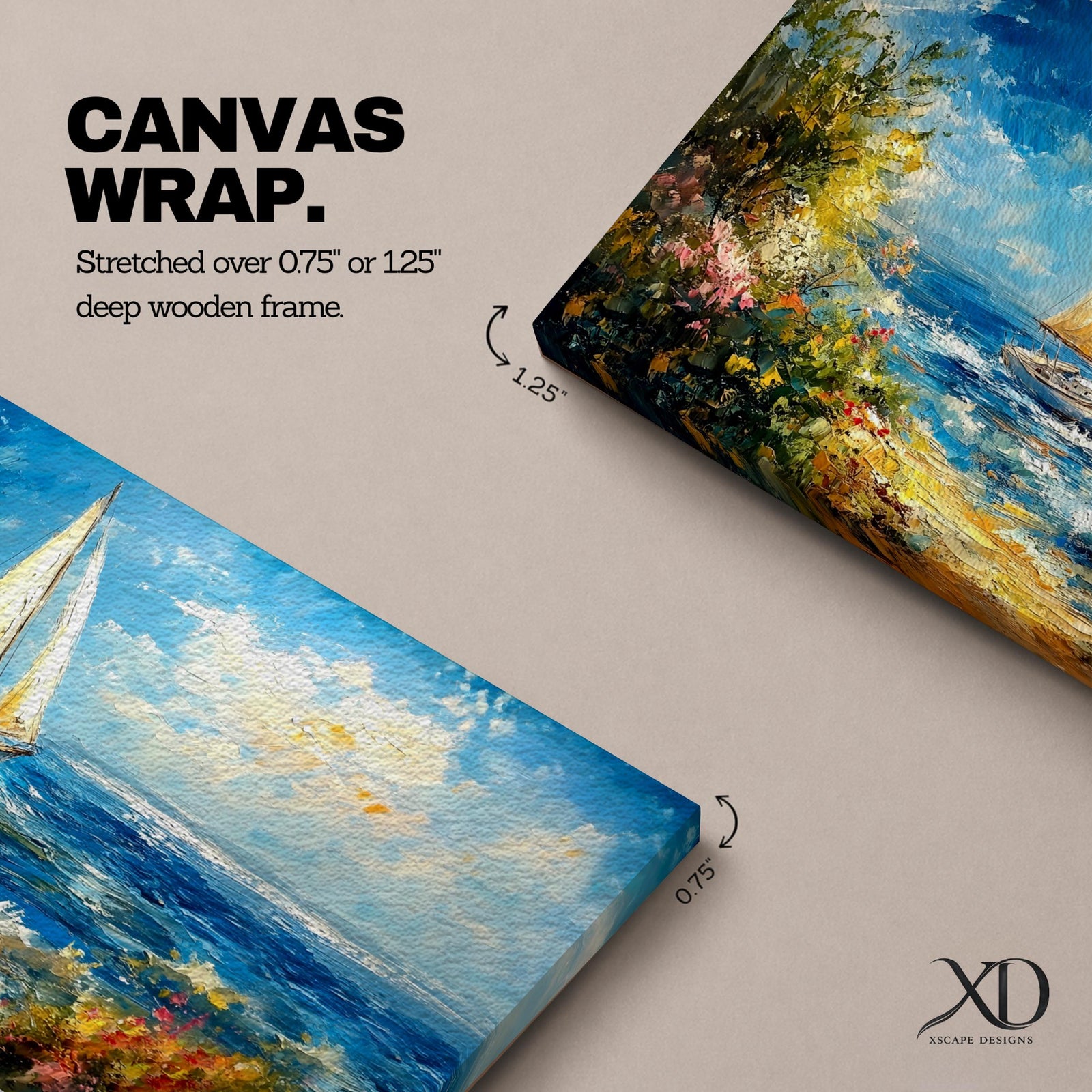 A panoramic impressionist style painting of a sailboat gliding across a sunlit ocean, with textured brushstrokes capturing rolling blue waves, a bright sky with scattered clouds, and a vibrant coastal shoreline filled with blooming flowers and greenery, creating a dynamic seaside composition full of movement and light.