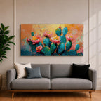 A panoramic textured painting of prickly pear cactus pads in rich teal tones adorned with blooming pink and coral flowers, set against a warm abstract desert background of golden orange and soft pastels, rendered with thick brushstrokes that create depth, contrast, and a vibrant southwestern composition.