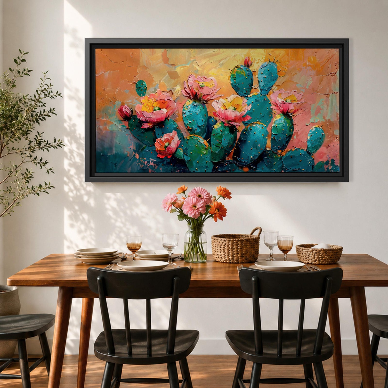 A panoramic textured painting of prickly pear cactus pads in rich teal tones adorned with blooming pink and coral flowers, set against a warm abstract desert background of golden orange and soft pastels, rendered with thick brushstrokes that create depth, contrast, and a vibrant southwestern composition.